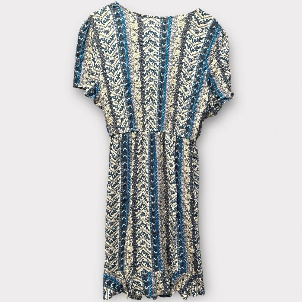 SO Goods For Life Blue Floral Stripe Faux‎ Wrap Dress XXL Short Sleeve V-Neck